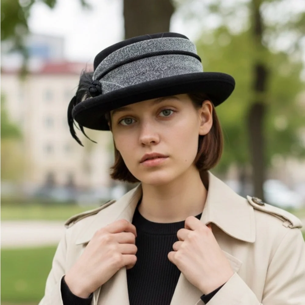 Mr. D vintage Stylish Black and Gray Hat with Feather Accent